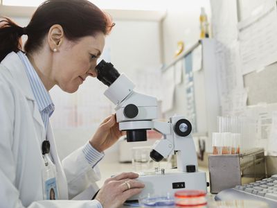 female doctor looking in microscope