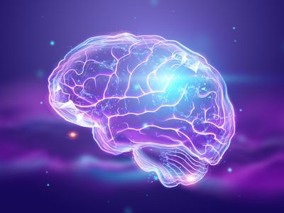 Digital illustration of a human brain with a blue lens flare on a purple-blue background.