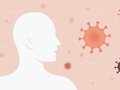 An illustration of a white person in profile with no facial features surrounded by a pink background and COVID virus particles