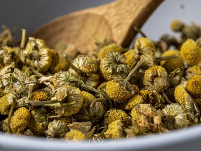 Close up shot of dried chamomile flowers