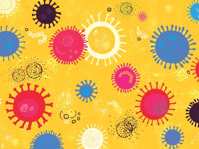 A pattern of drawn COVID virus particles in different colors on a yellow background.