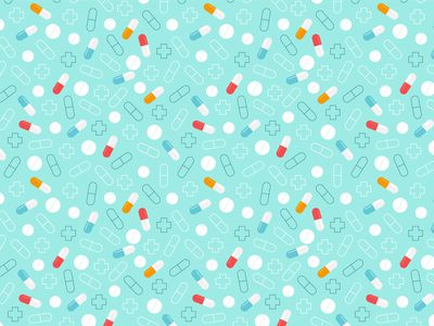 Yellow, red and white pills pattern. Blue-green medical background.