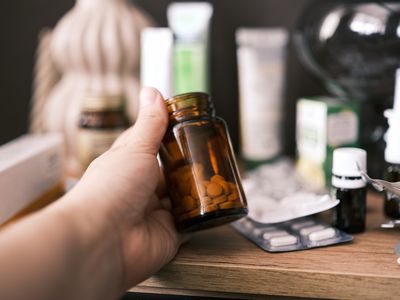 Supplements in a brown glass bottle