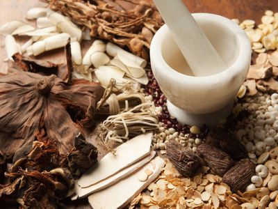 Chinese herbs with mortar and pestle