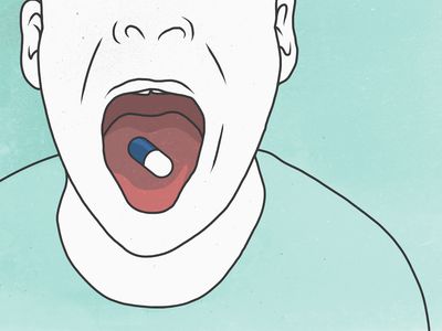 Illustration of a green and white pill capsule on a person's tongue on a pale green background