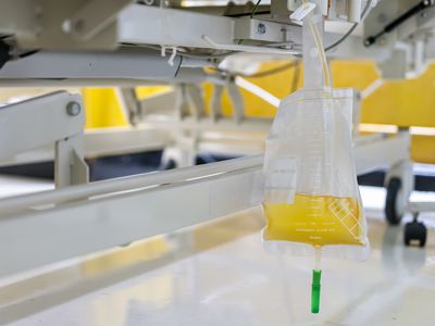 transparent urine plastic bag and pee catheter hang under patient bed in hospital