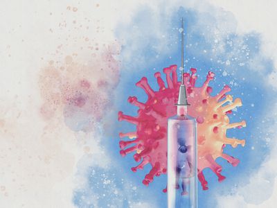 watercolor illustration of coronavirus cell and a syringe