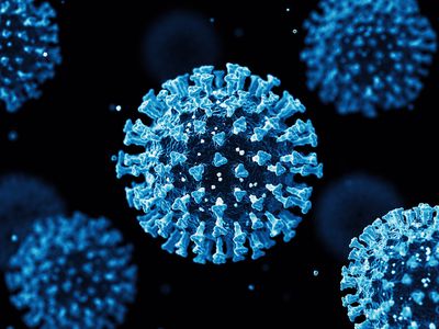 images of blue coronavirus cells