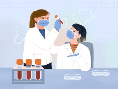 Two scientists examining a blood sample in a lab setting