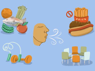 Lifestyle Changes for Anxiety and Heart Disease: A person breathing (practice relaxation techniques), a red line circle with a slash through it near fries and a hot dog (limit deep-fried, high-fat, and processed foods), a group of chairs (seek a support group), a weight and jump rope (exercise regularly), fish, apple, and other healthy foods (eat whole foods rich in vitamins and nutrients)