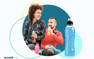 composite image of woman and man drinking sports drinks set on a dark teal background; close up of blue sports drink