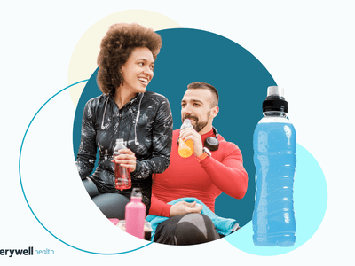 composite image of woman and man drinking sports drinks set on a dark teal background; close up of blue sports drink