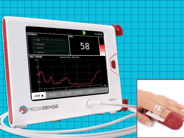 patient vitals and finger probe to measure pain during surgery