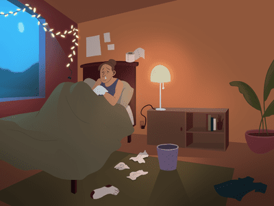 illustration of sick person in bed in a dimly-lit room