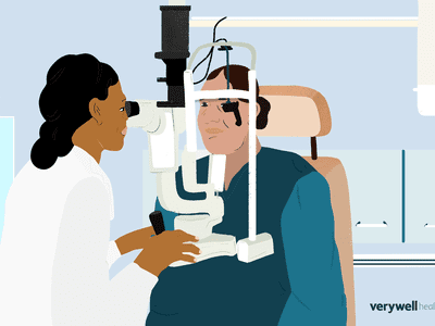 An illustration of a health care provider conducting an eye exam.