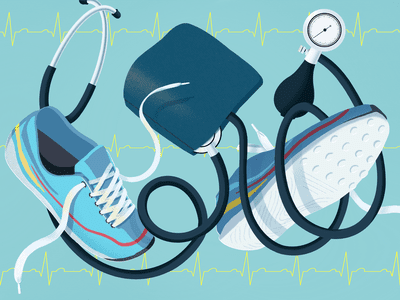 illustration of sneakers, stethoscope, blood pressure cuff, and EKG