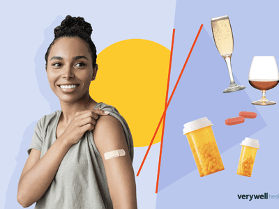 woman with bandaid on arm after vaccine next to things to avoid, like alcohol and certain medications